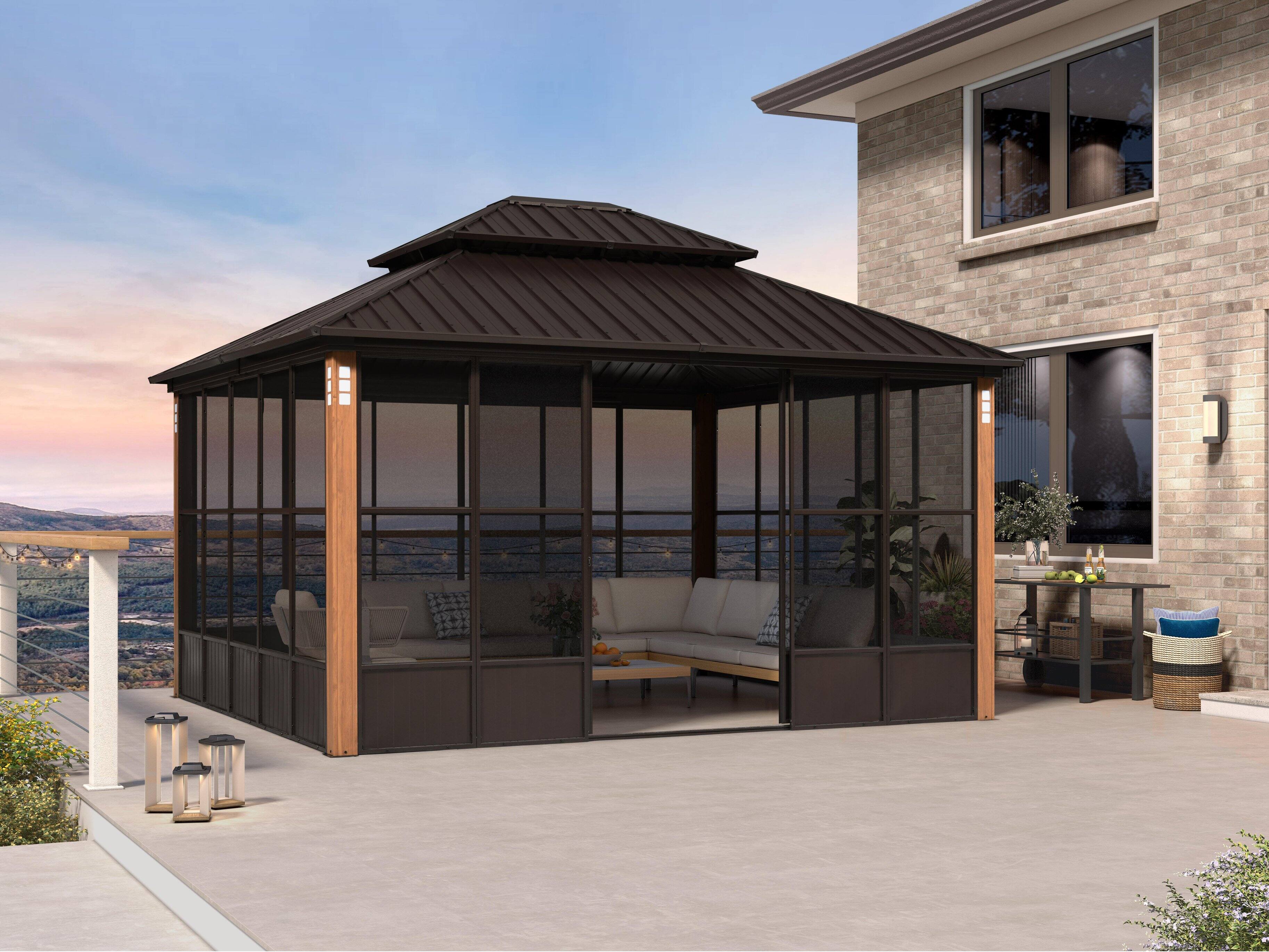 Angle. PURPLE LEAF - Sunroom Outdoor Hardtop Gazebo Bronze Aluminum Frame Solarium Galvanized Steel Double Roof All-Weather Screen House - 12' X 14'.