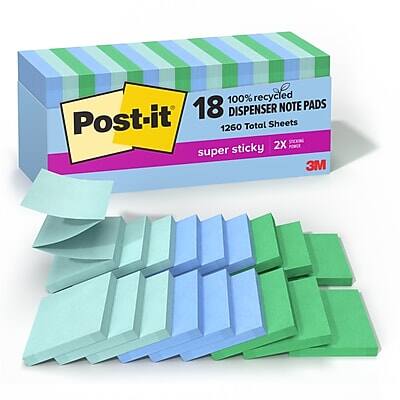 100% recycled  
18 DISPENSER NOTE PADS  
1260 Total Sheets  
Post-it  
super sticky 2X POWER  
3M
