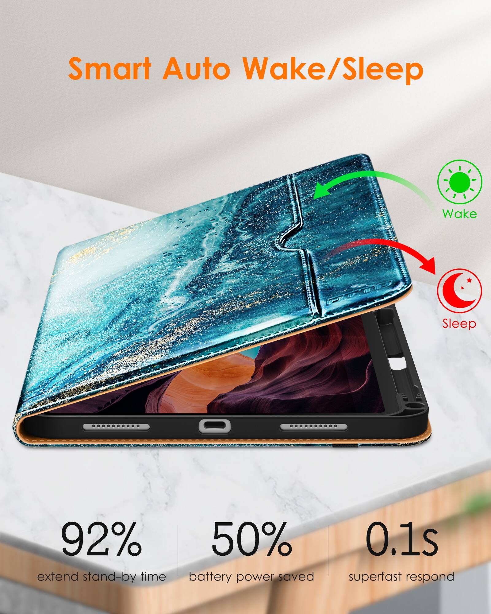 Smart Auto Wake/Sleep

- 92% extend stand-by time
- 50% battery power saved
- 0.1s superfast respond

Wake / Sleep
