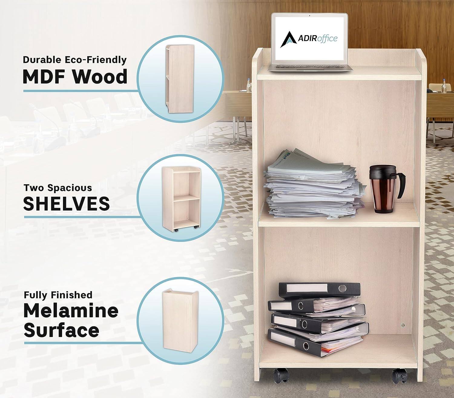 ADIRoffice, Durable Eco-Friendly MDF Wood, Two Spacious Shelves, Fully Finished Melamine Surface