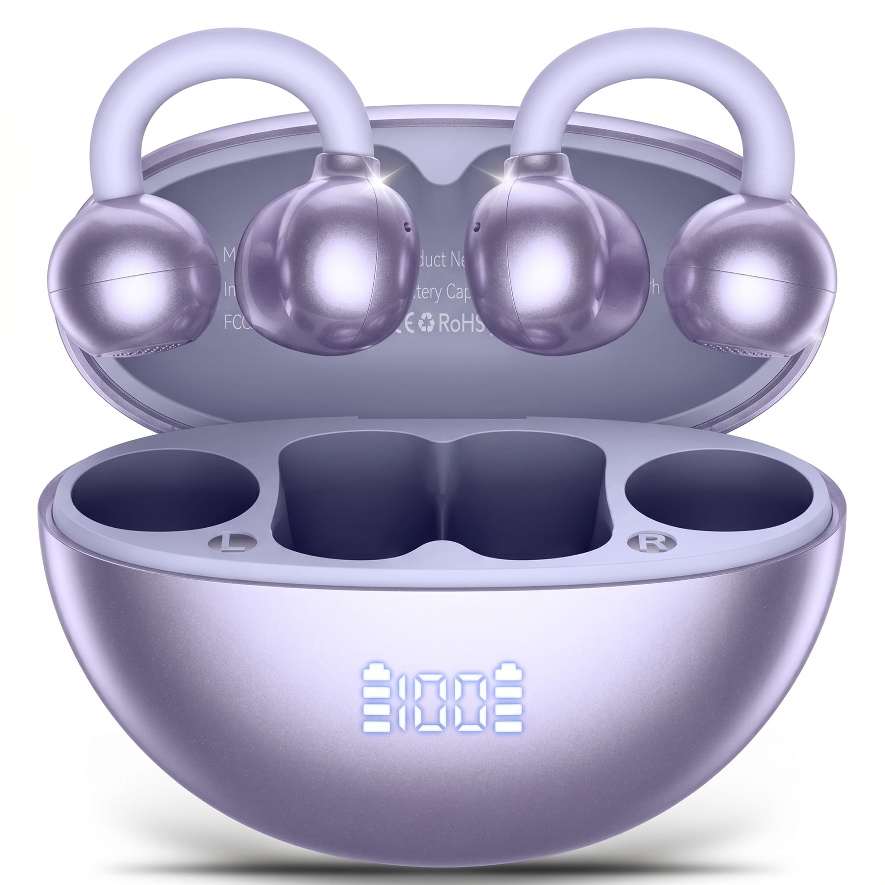 VEAT00L - VEATOOL Clip-On Earbuds, Bluetooth 5.4 Bone Conduction, LED Display, ENC Noise Cancelling, IPX7 Waterproof - Purple