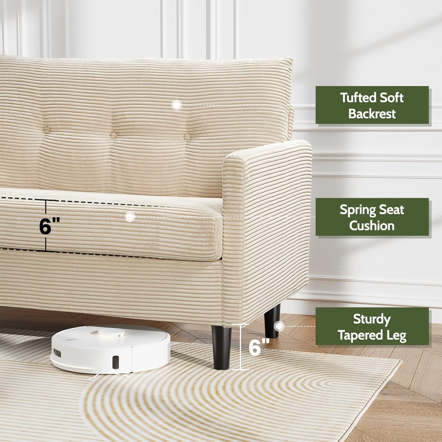 Tufted Soft Backrest  
6" Spring Seat Cushion  
Sturdy Tapered Leg