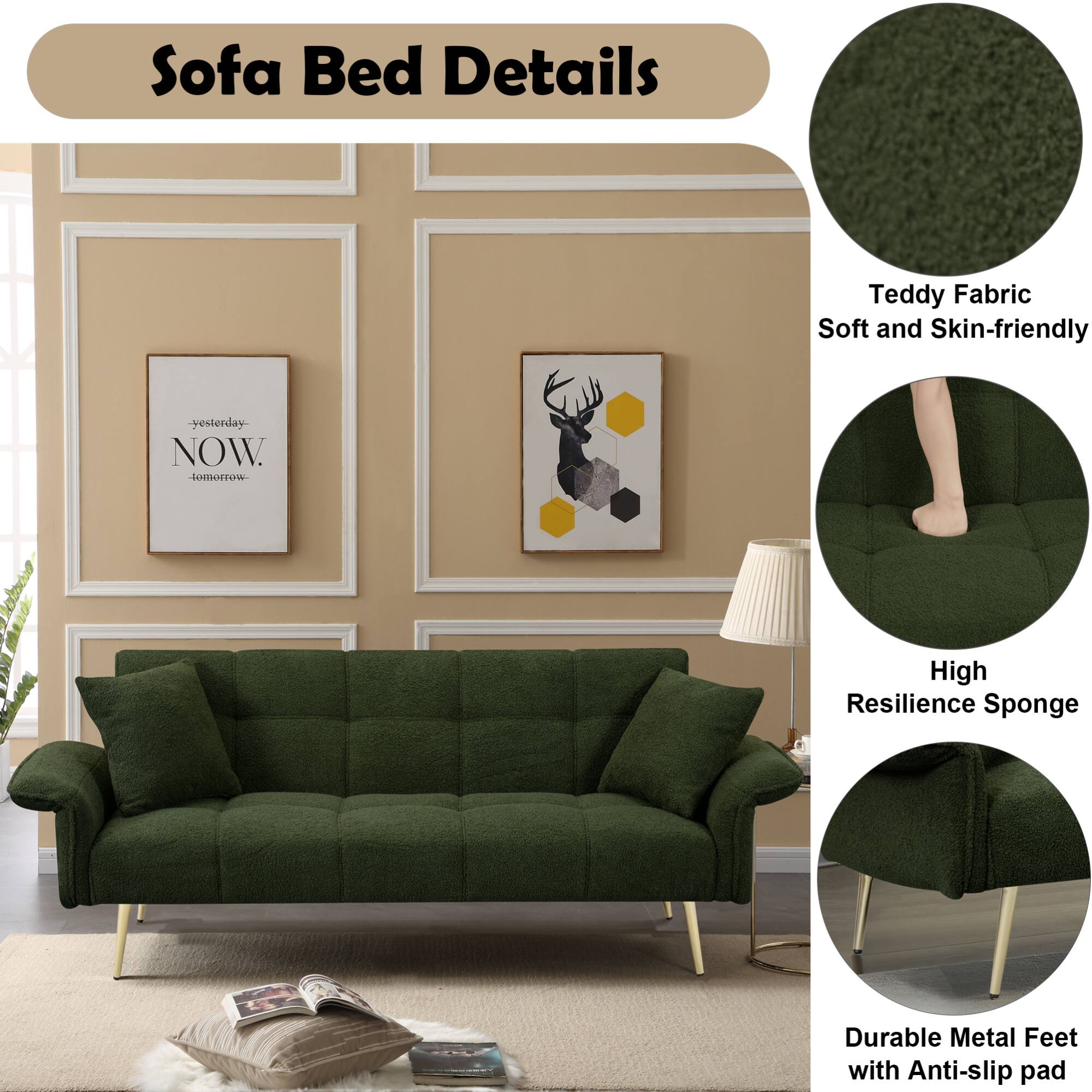 Sofa Bed Details

- Teddy Fabric: Soft and Skin-friendly
- High Resilience Sponge
- Durable Metal Feet with Anti-slip pad