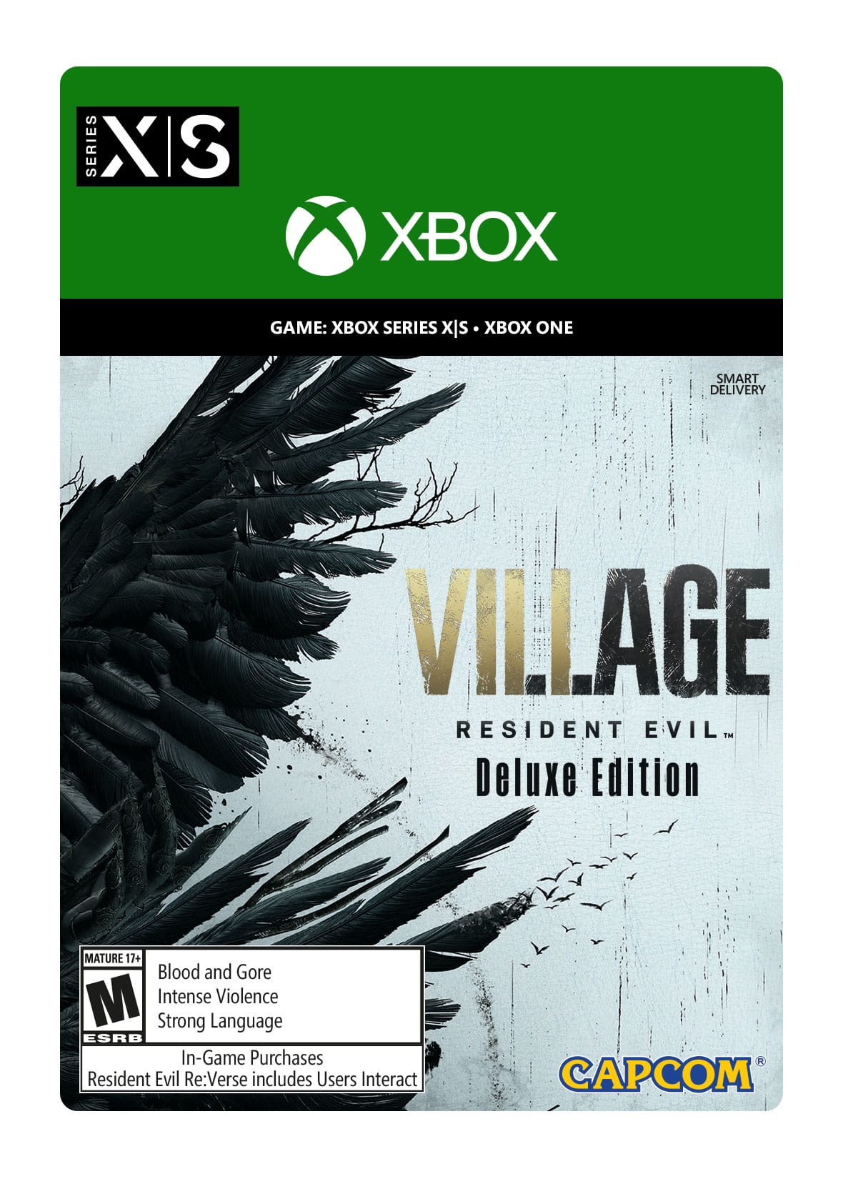 SERIES X S XBOX GAME: XX SERIES X ONE SMART DELIVERY VILLAGE RESIDENT EVIL. Deluxe Edition MATURE 17+ Blood and Gore M Intense Violence Strong Language ESRB In-Game Purchases Resident Evil Re:Verse includes Users Interact CAPCOM