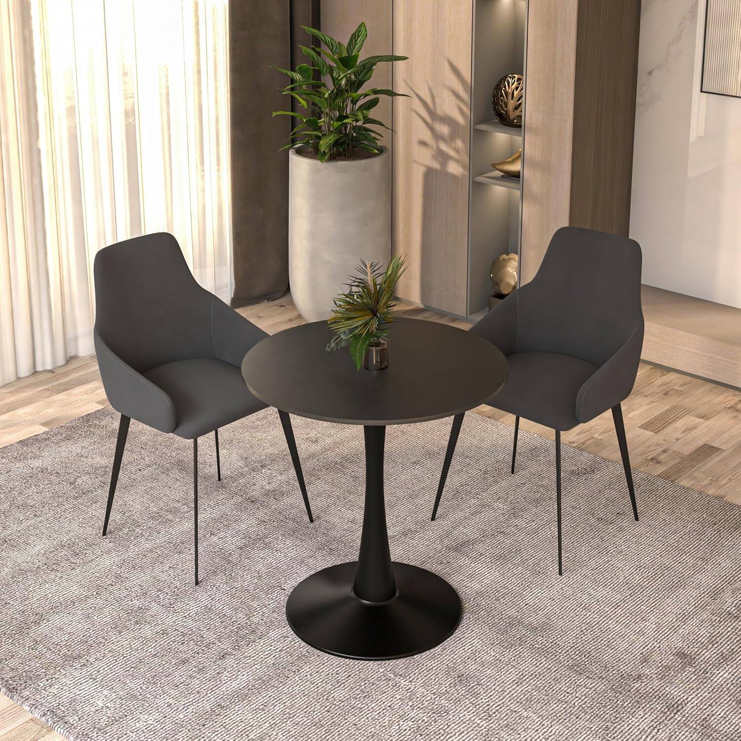 Left. LeisureMod - Bristol 24 in. Round Dining Table – Modern MDF Top Accent Café Table & Sturdy Steel Black Pedestal Base - Black.