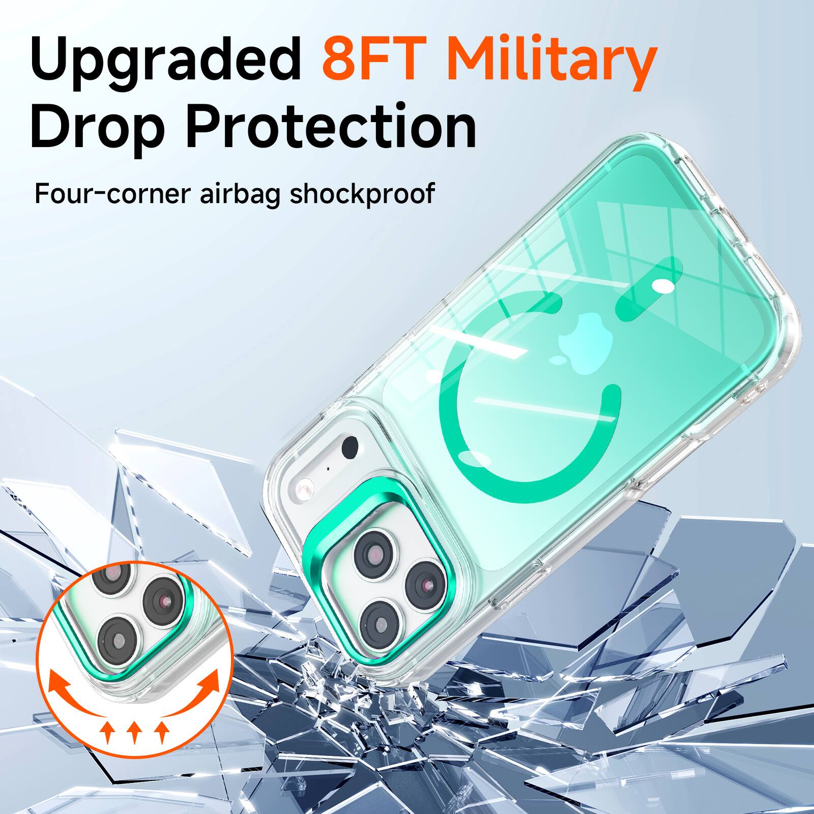 Upgraded 8FT Military Drop Protection  
Four-corner airbag shockproof