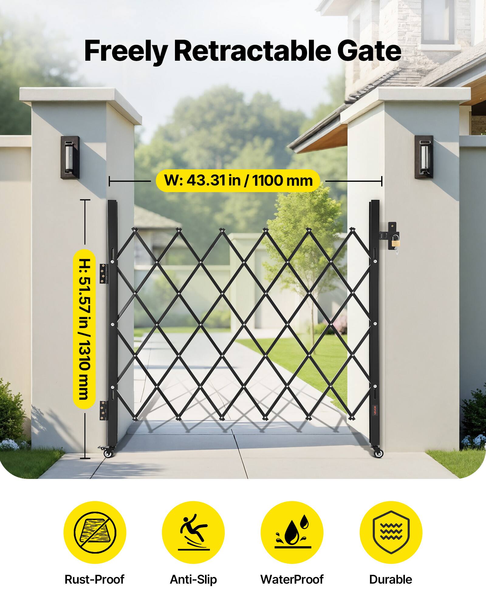 Freely Retractable Gate  
W: 43.31 in / 1100 mm  
H: 51.57 in / 1310 mm  

- Rust-Proof  
- Anti-Slip  
- WaterProof  
- Durable