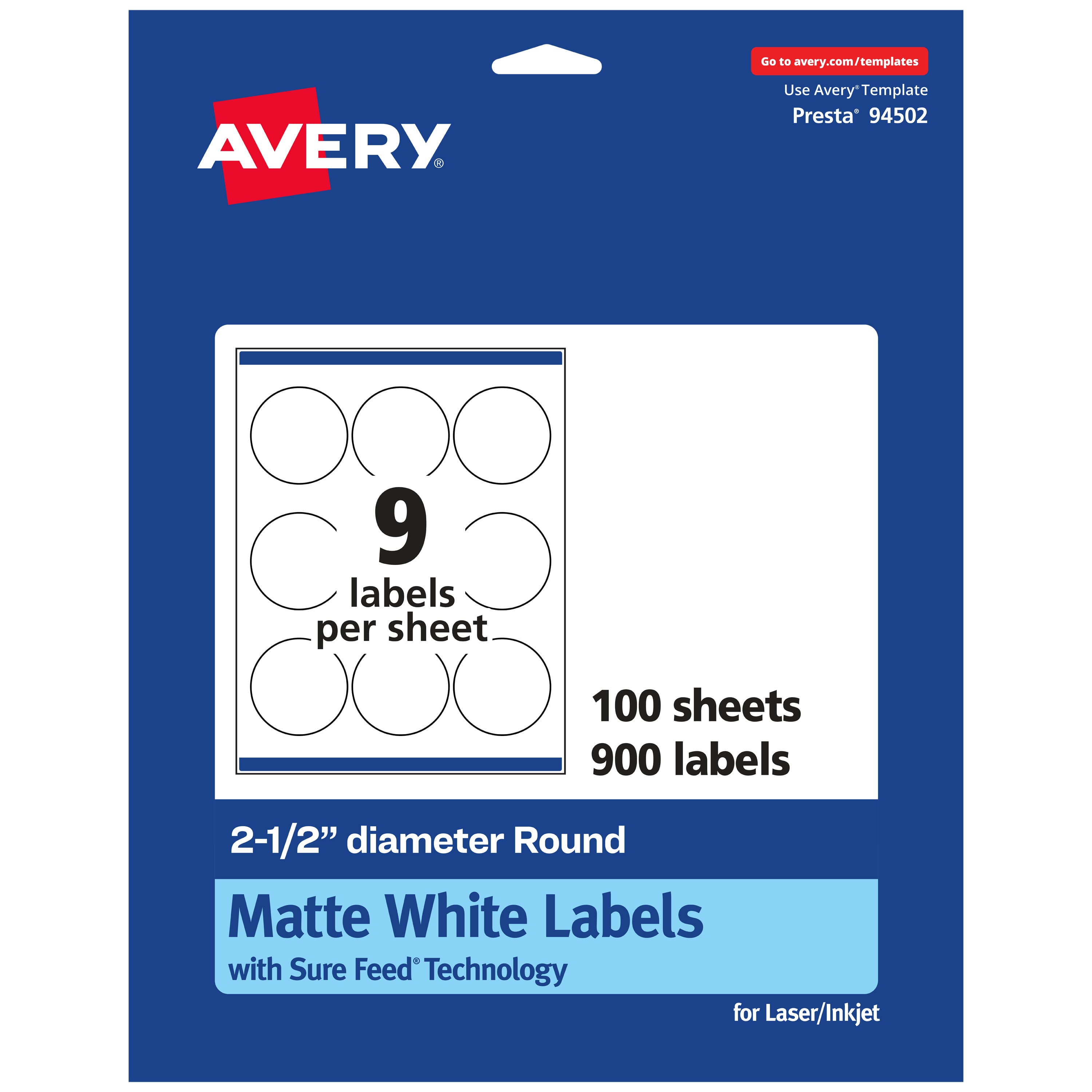 Avery - Matte Round Labels, 2.5" diameter, 900 Labels - White