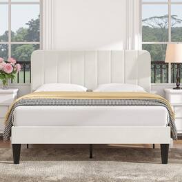 Vecelo - Upholstered Queen Size Platform Bed Frame with Adjustable Headboard,Velvet Bed Frame No Box Spring Needed - White