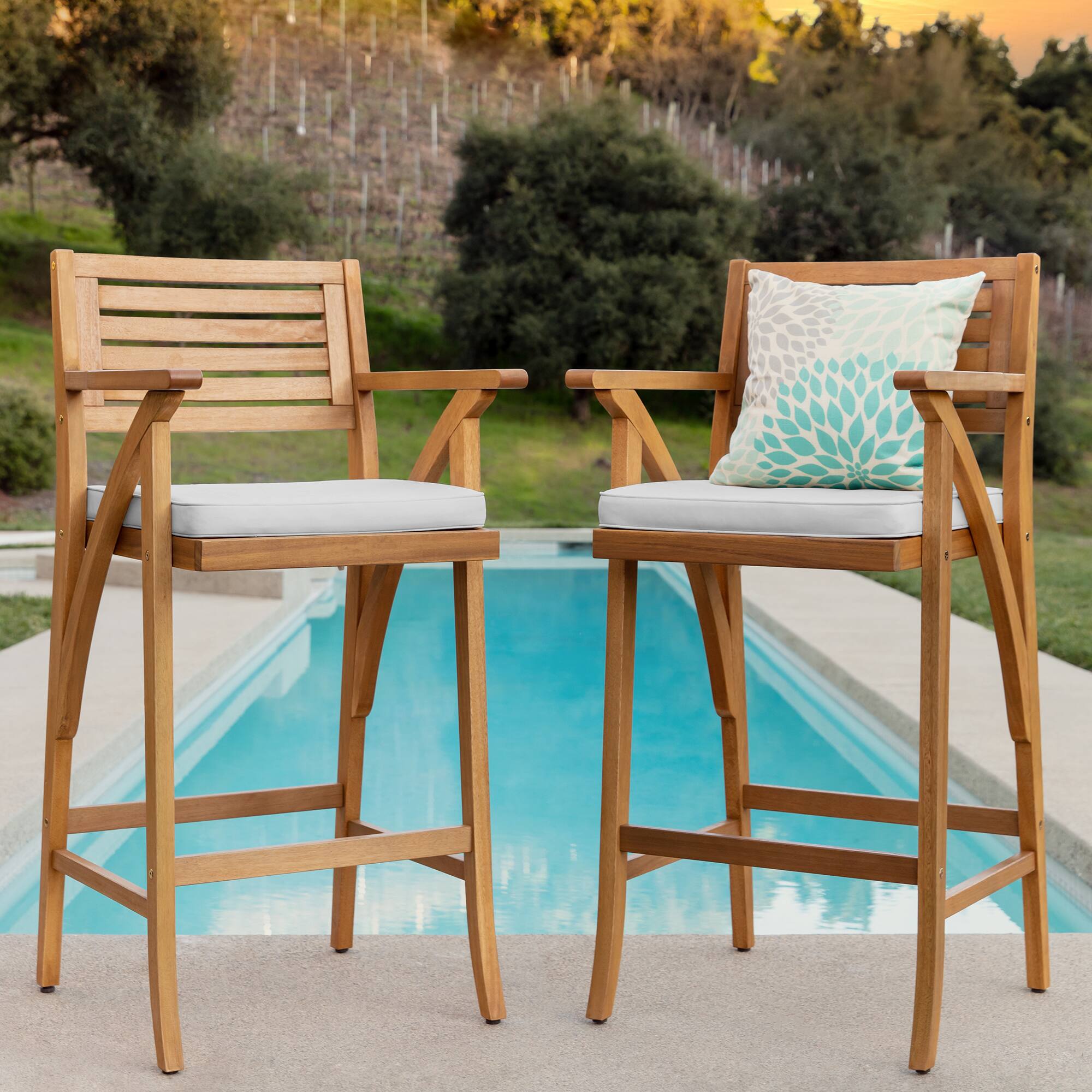 Alt View 2. Best Choice Products - Best Choice Products Set of 2 Outdoor Acacia Wood Bar Stools Bar Chairs w/ Weather-Resistant Cushions - White Sand - White Sand.
