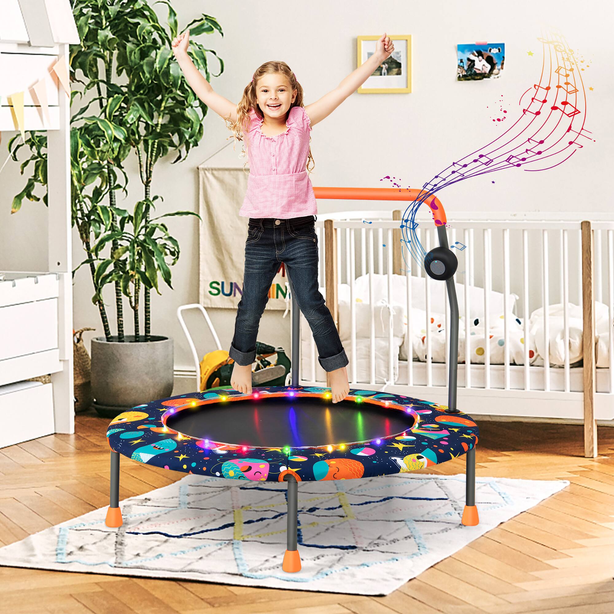 Alt View 3. Costway - Costway 36" Mini Toddler Trampoline W/LED Bluetooth Speaker Detachable Handle Kids Gifts - Blue/Orange.