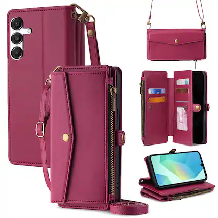 Front. Dteck - Crossbody Wallet Case for Samsung Galaxy A17 5G with Zipper Purse, Shockproof Protective Cover with Kickstand - Red.