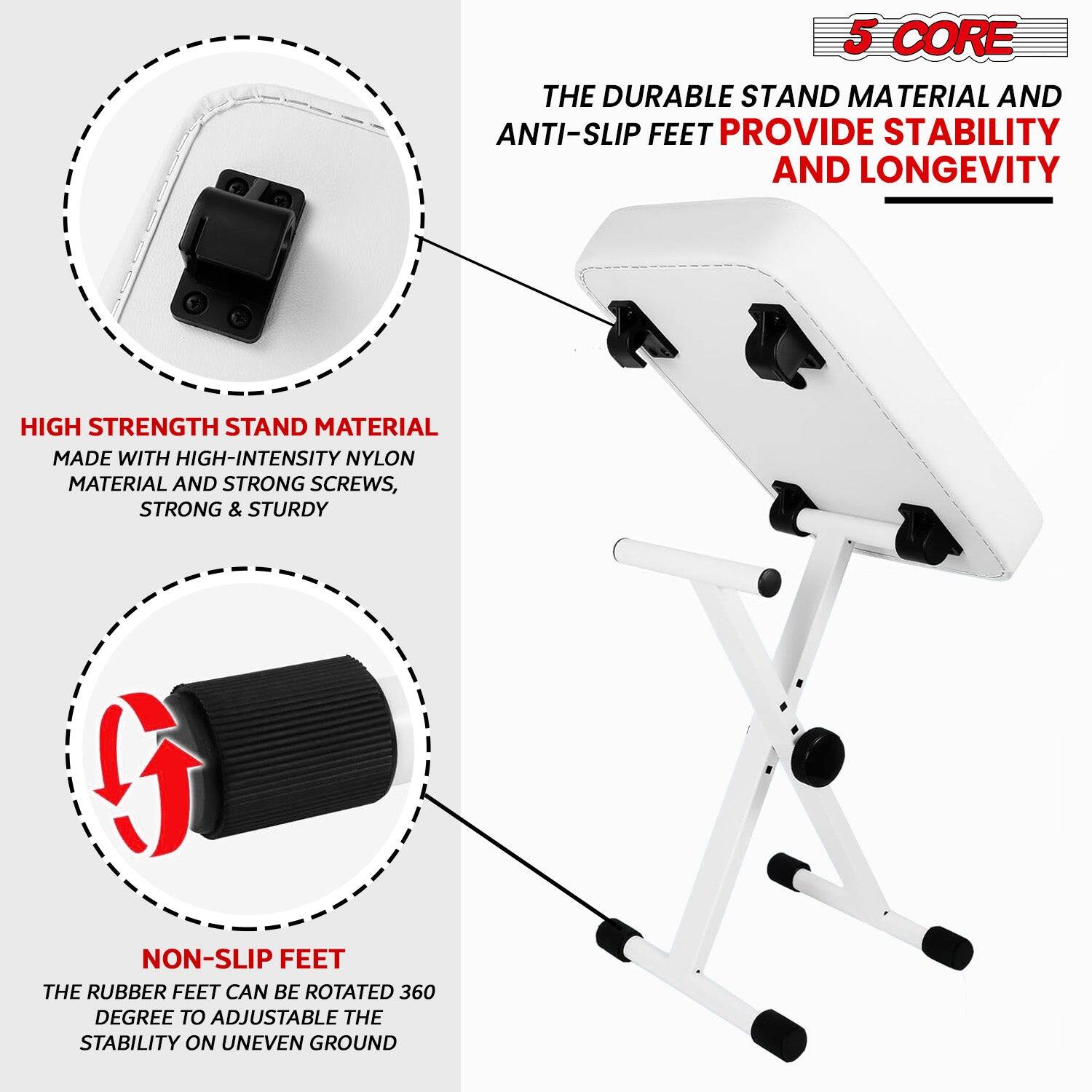 5 CORE
THE DURABLE STAND MATERIAL AND ANTI-SLIP FEET PROVIDE STABILITY AND LONGEVITY
HIGH STRENGTH STAND MATERIAL MADE WITH HIGH-INTENSITY NYLON MATERIAL AND STRONG SCREWS, STRONG & STURDY
NON-SLIP FEET THE RUBBER FEET CAN BE ROTATED 360 DEGREE TO ADJUSTABLE THE STABILITY ON UNEVEN GROUND