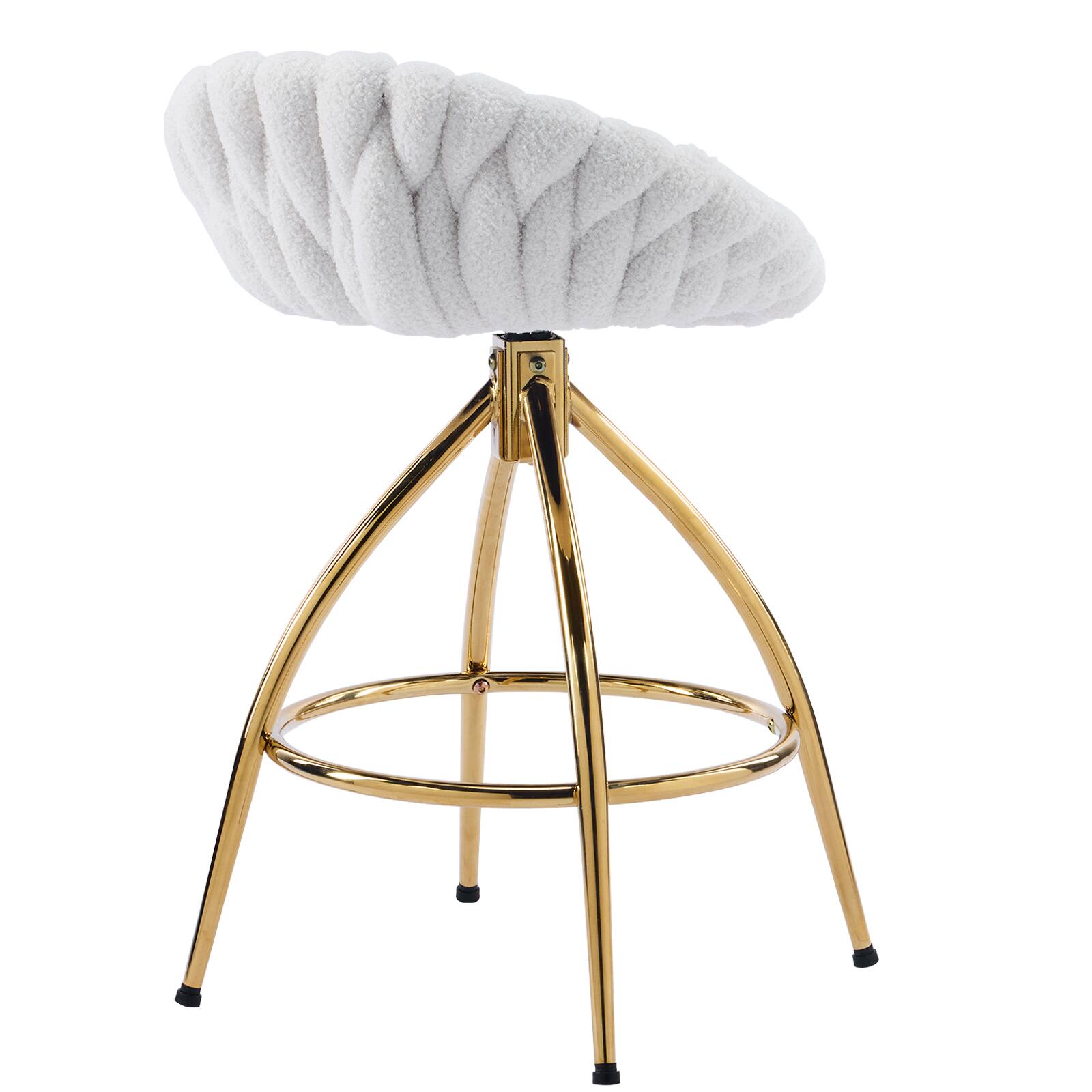 Alt View 5. SlickBlue - 2pcs Teddy Velvet Swivel Bar Stools – Woven Style with Gold-Plated Iron Legs - White.