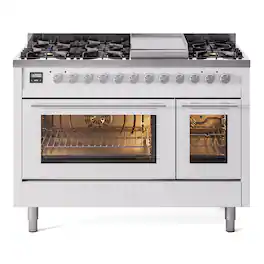 ILVE - Professional Plus II Series 48 in. Dual Fuel Range with 8 Sealed Burners + Griddle (Liquid Propane, Satin Trim) - White