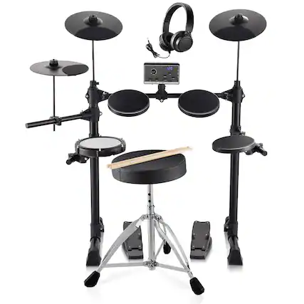 Front. Glintex - Electric Drum Set Electronic Drum Kit 150 Sounds Beginner Practice Set for Adults Teens with Realistic Drum Pads - Black.
