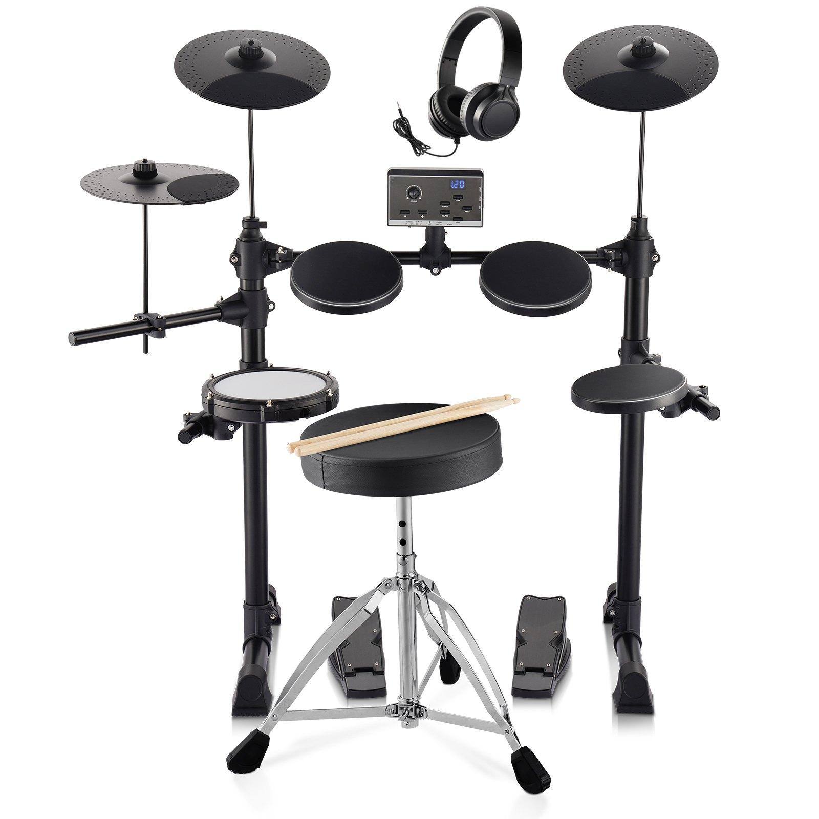 Glintex - Electric Drum Set Electronic Drum Kit 150 Sounds Beginner Practice Set for Adults Teens with Realistic Drum Pads - Black