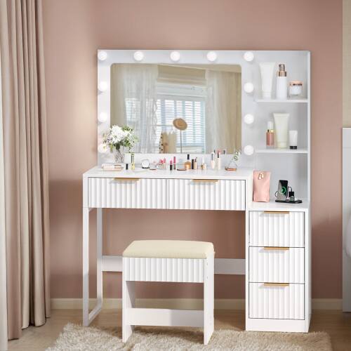 Alt View 5. Winado - Fluted Vanity Desk with Lights & Power Outlet Drawer Makeup Dressing Table with 3 Color Mirror & Side Storage Shelves - White.
