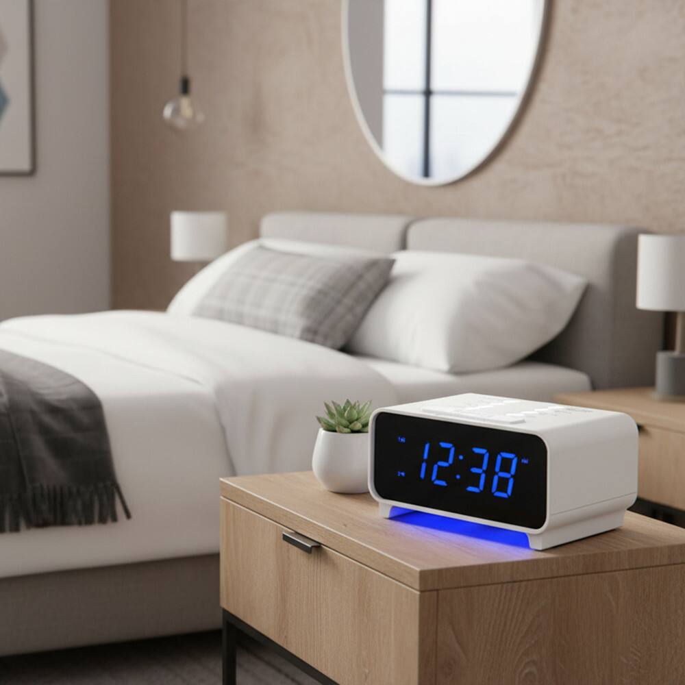 Back. Dazzed Corner - Dual Alarm Clock Radio with AM/FM, 4-Level Dimmer - White.