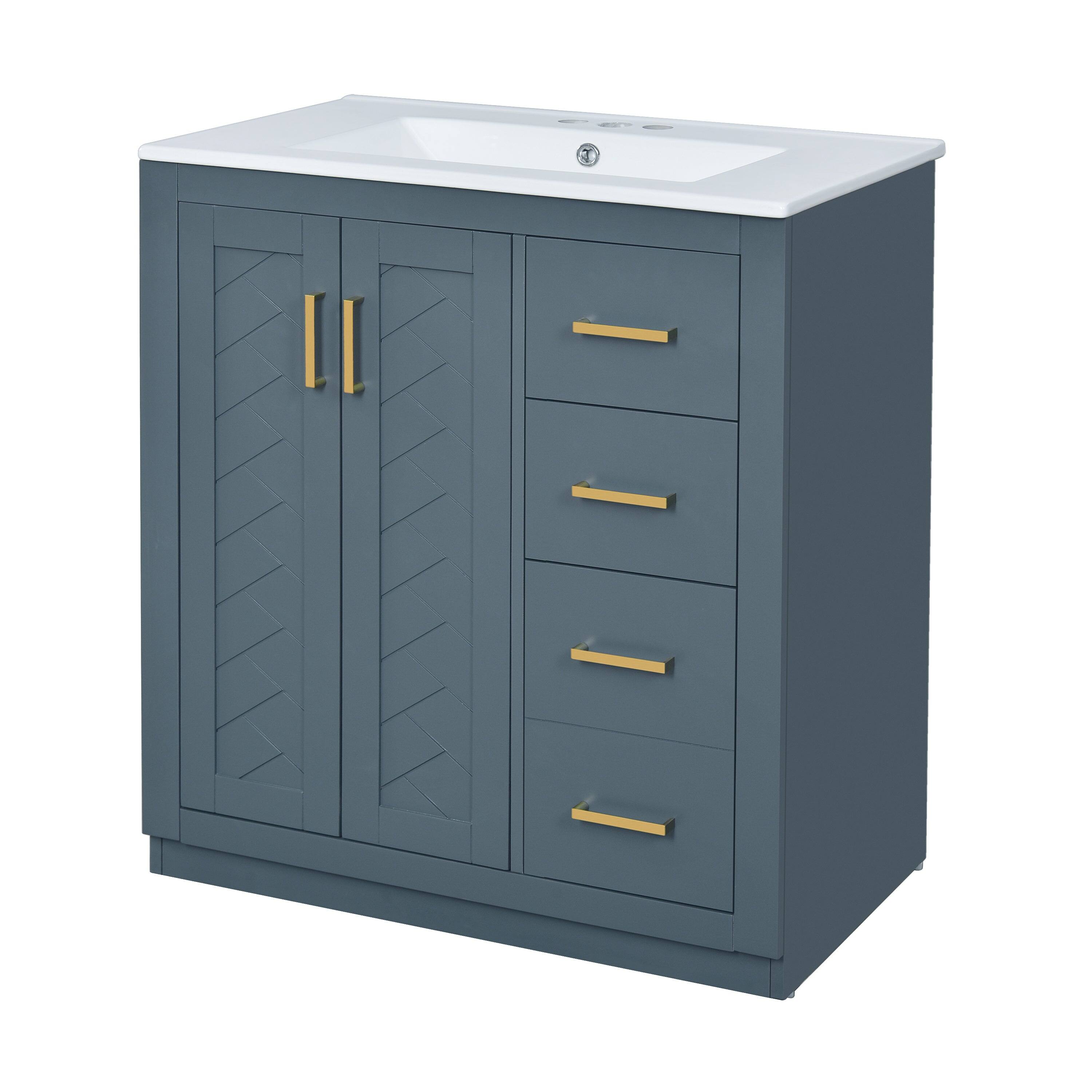 Front. Boyel Living - 30 Inch Bathroom Vanity Blue with Ceramic Sink Solid Wood Frame 3 Drawers - Blue.
