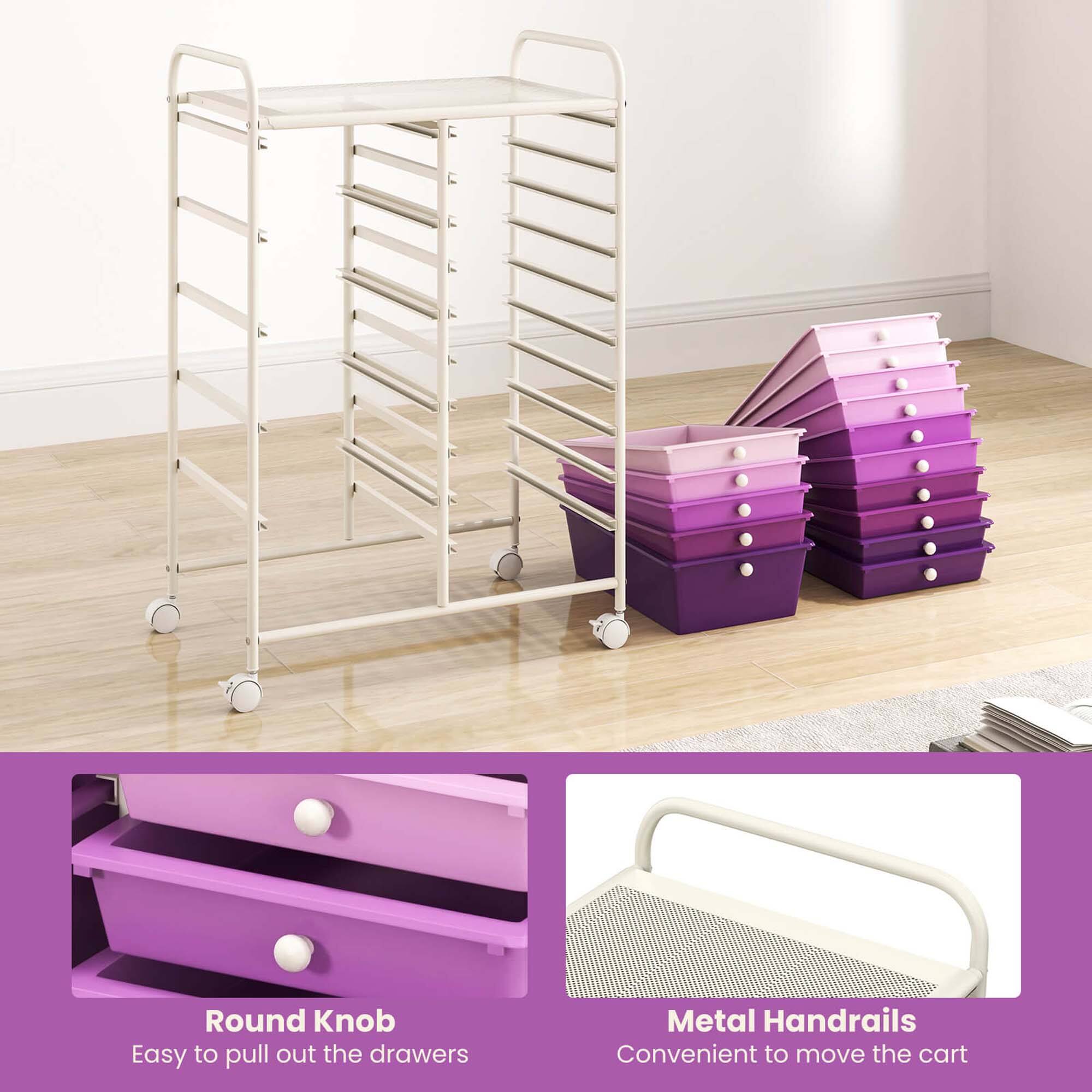Round Knob  
Easy to pull out the drawers  

Metal Handrails  
Convenient to move the cart