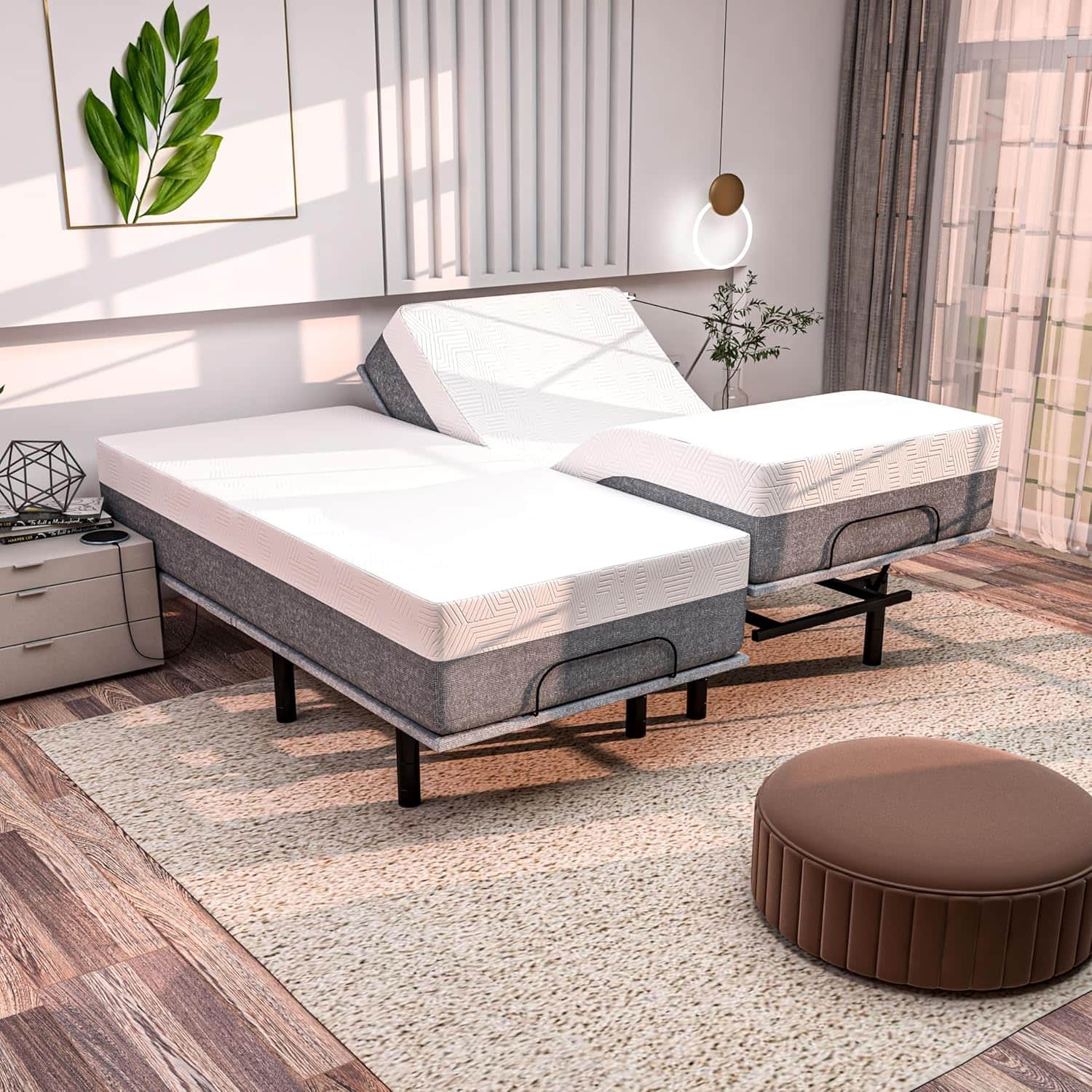 Front. Renanim - SF Split King Adjustable Bed with Mattress - 10" Cooling Gel Memory Foam Mattress, Massage, Zero Gravity Electric Bed - Gray.