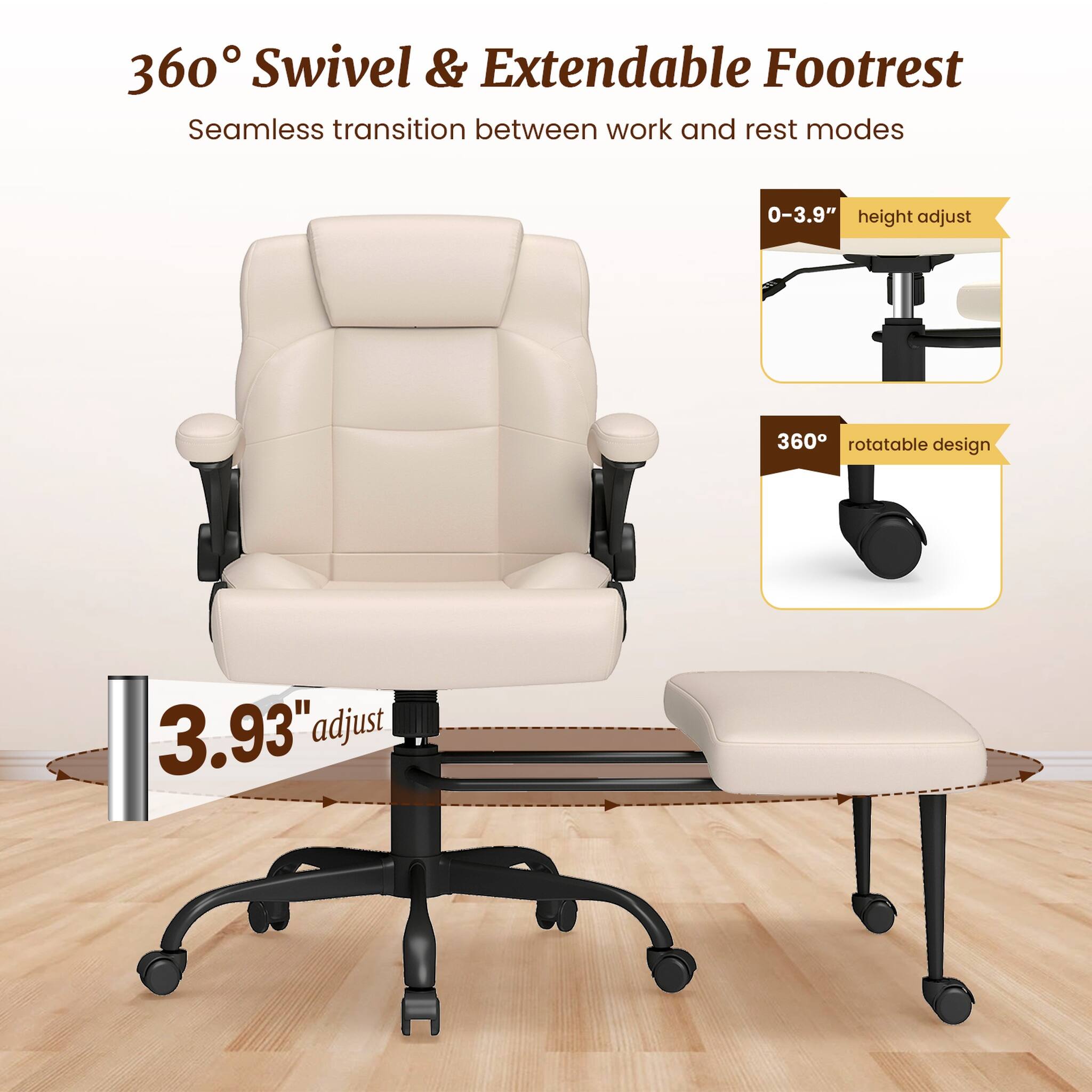 360° Swivel & Extendable Footrest  
Seamless transition between work and rest modes  
0-3.9" height adjust  
360° rotatable design  
3.93" adjust