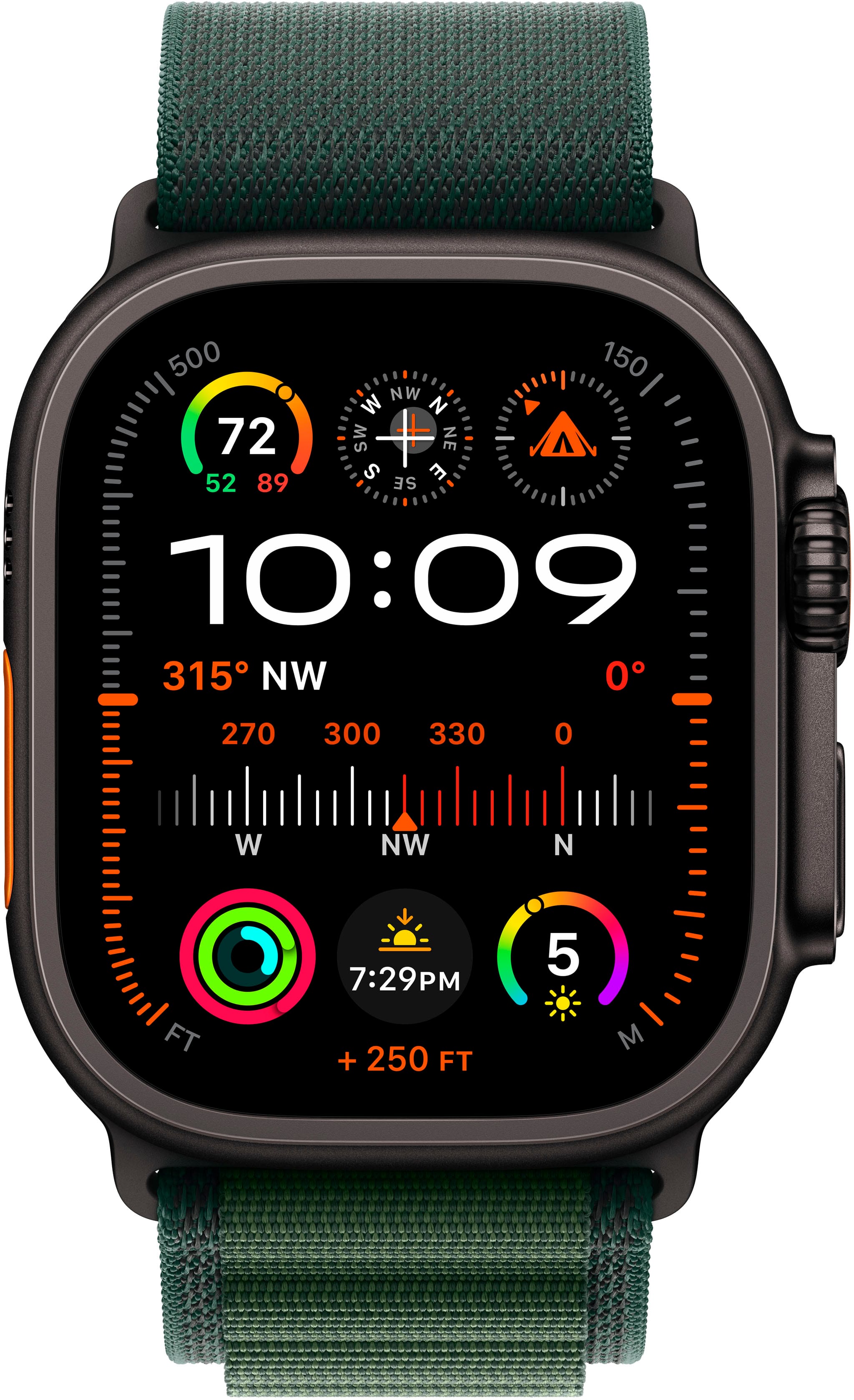 The image shows a watch displaying the time of 10:09. The watch also has a compass on it, indicating the direction of North, South, East, and West. The watch is set to 315 degrees, which is the direction of Northwest. The watch has a green band and is set to 72 degrees, which is the direction of Southwest. The watch is also showing the altitude of 270 feet above sea level.