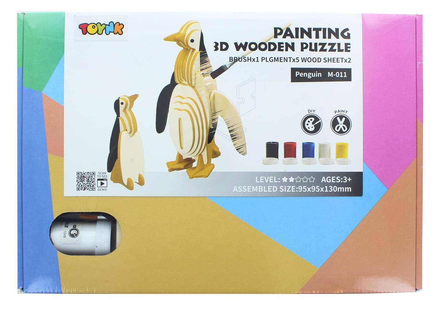 TOYNK  
PAINTING 3D WOODEN PUZZLE  
BRUSHx1 PLGMMENTx5 WOOD SHEETx2  
Penguin M-011  

DIY PAINT  

LEVEL: ★★★★☆  
AGES: 3+  
ASSEMBLED SIZE: 95x95x130mm  

SCAN TO SEE DEMO