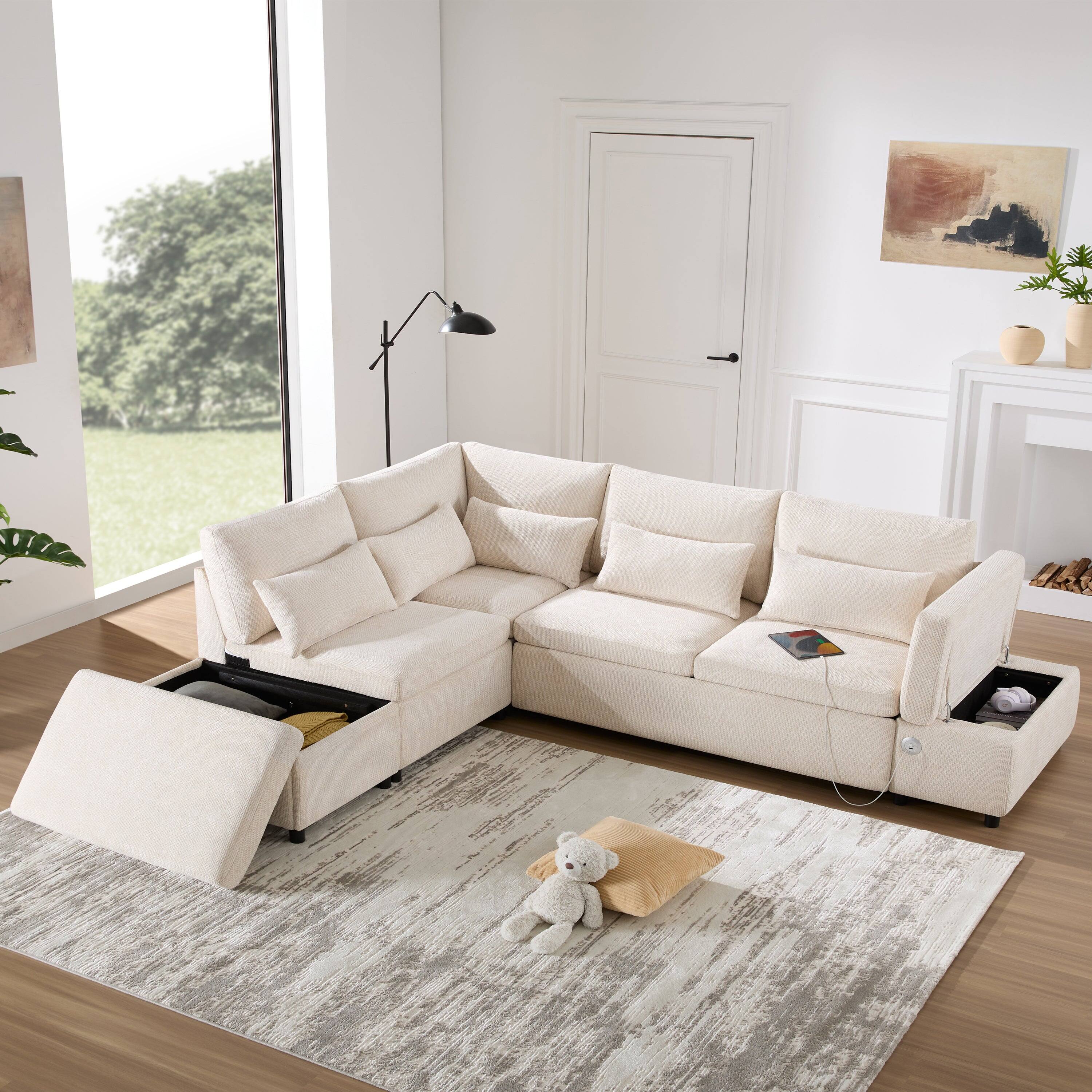Alt View 1. Boyel Living - L-Shaped Sectional Sofa Adjustable Armrest USB&Type-C Charging Beige Chenille - Beige.