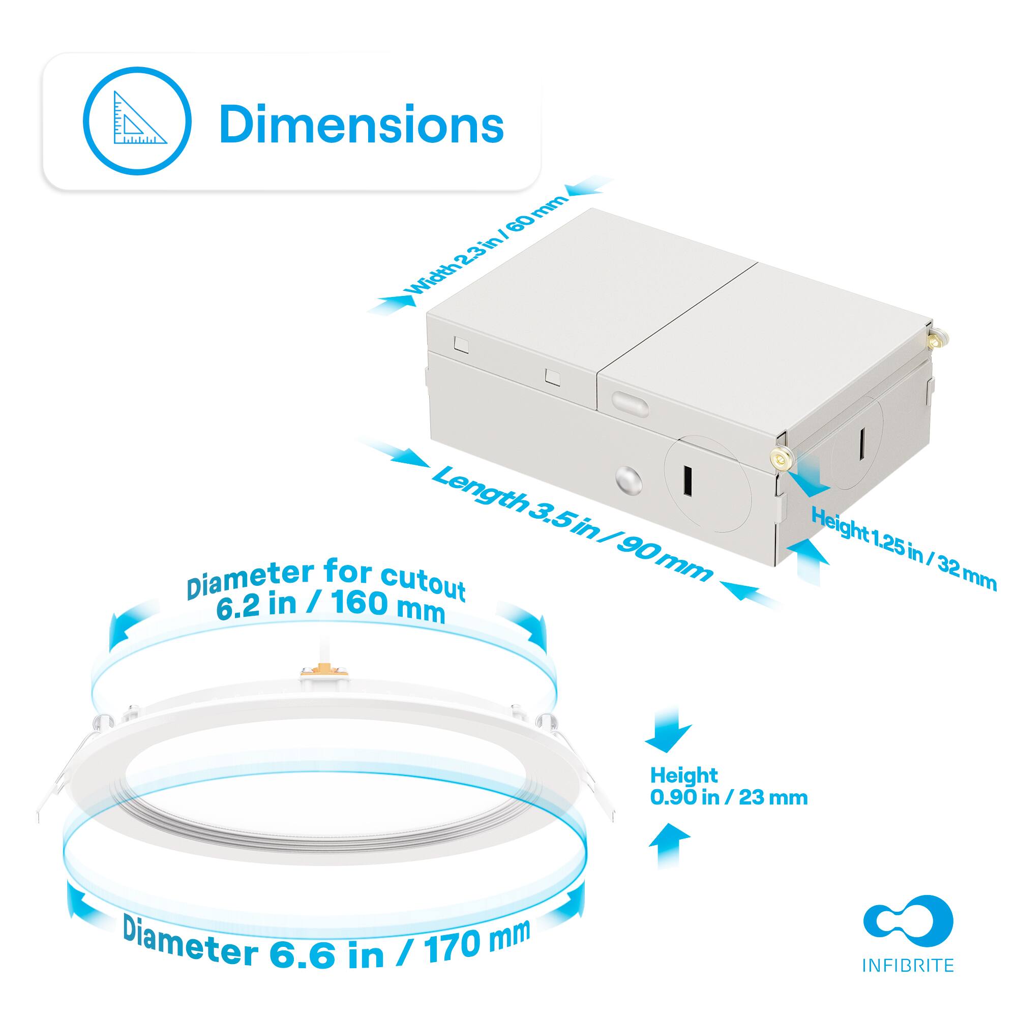 Dimensions

- Width: 23 in / 60 mm
- Length: 3.5 in / 90 mm
- Height: 1.25 in / 32 mm

Diameter for cutout: 6.2 in / 160 mm

Diameter: 6.6 in / 170 mm

Height: 0.90 in / 23 mm

INFIBRITE