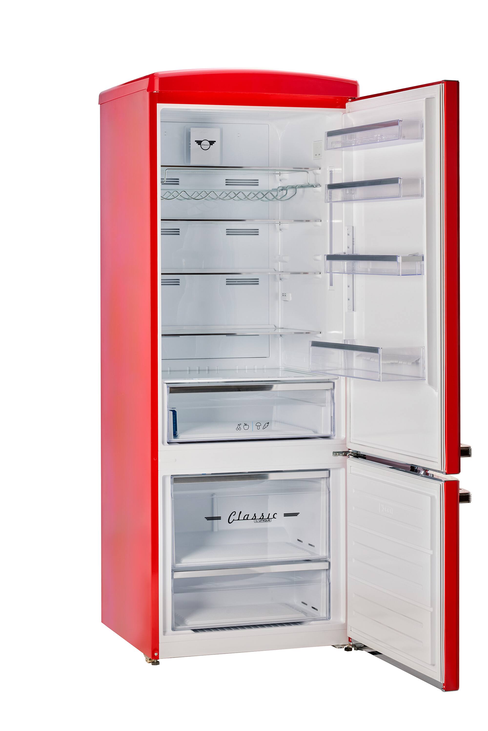 A red and white 80 Classic VUO Do refrigerator.