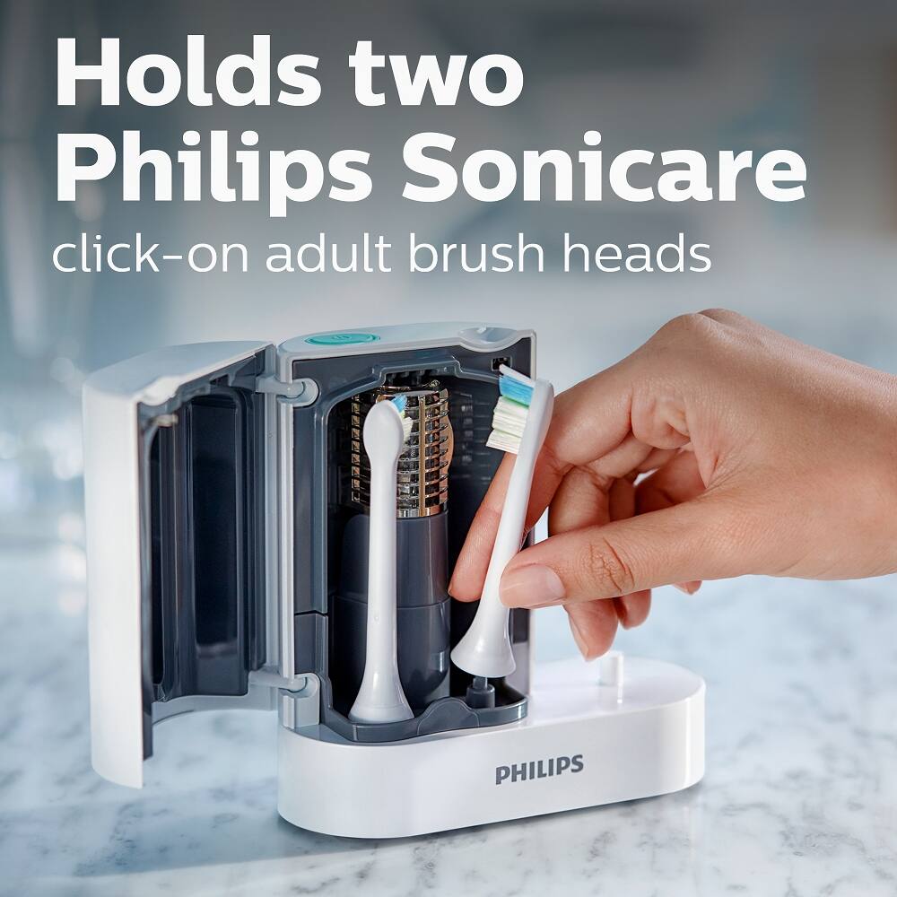 Holds two Philips Sonicare click-on adult brush heads.