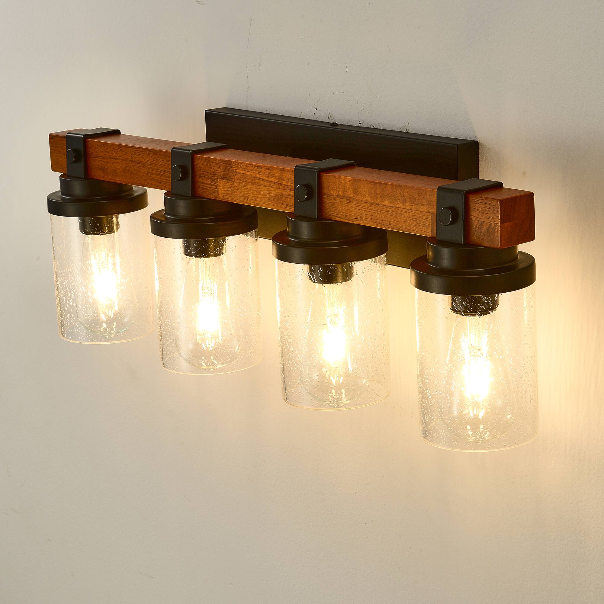 Alt View 1. TinyHomie - 4 Light Matte Black And Wooden Wall Lamps With Glass Lamp Shade No Bulbs For Dinning Room Hallway Bedroom.