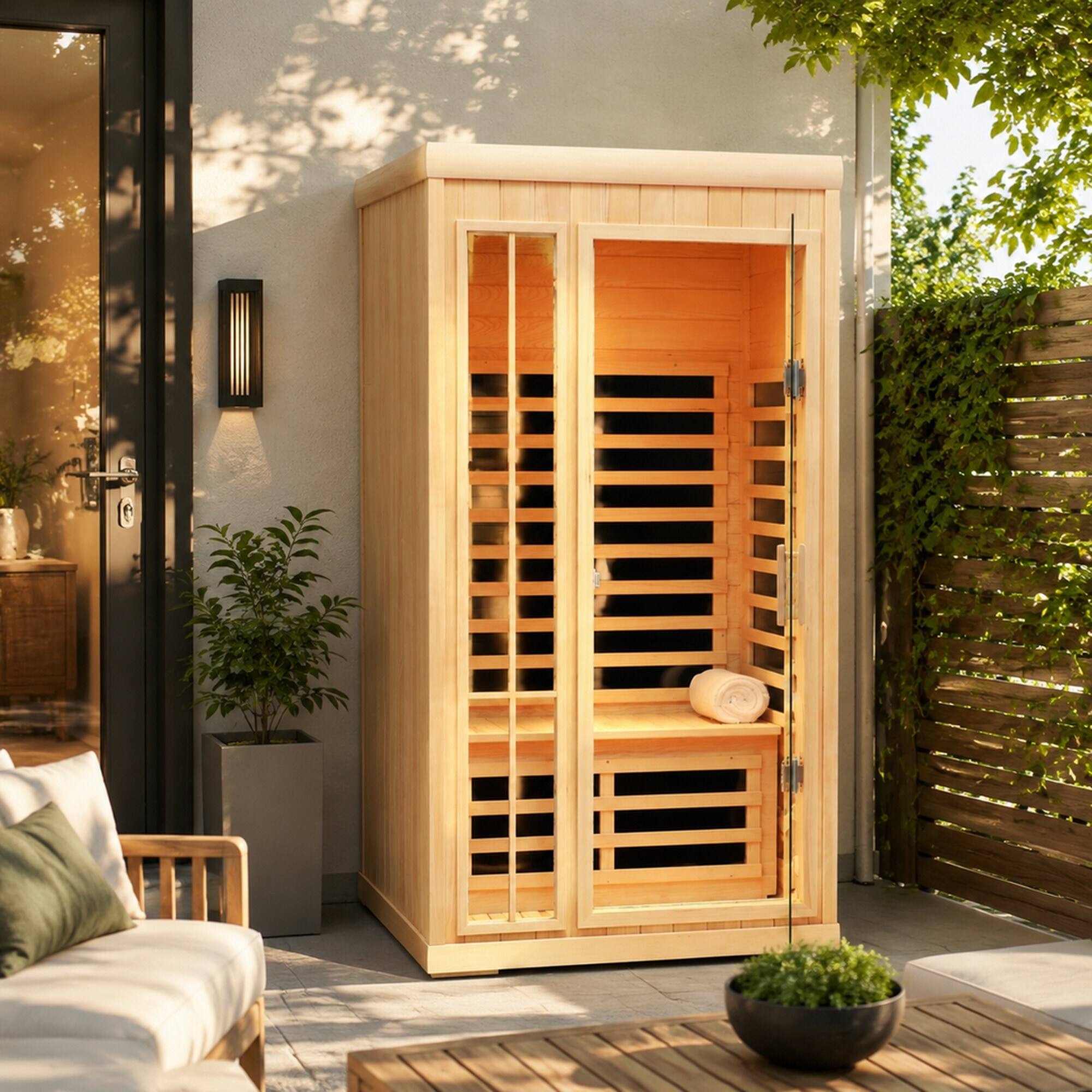 Left. RYHNUYNE - Far Infrared Hemlock Sauna Room, 1 Person, 7 Heating Panels, 1350W, LED Lights, Bluetooth, APP Control - Natural.