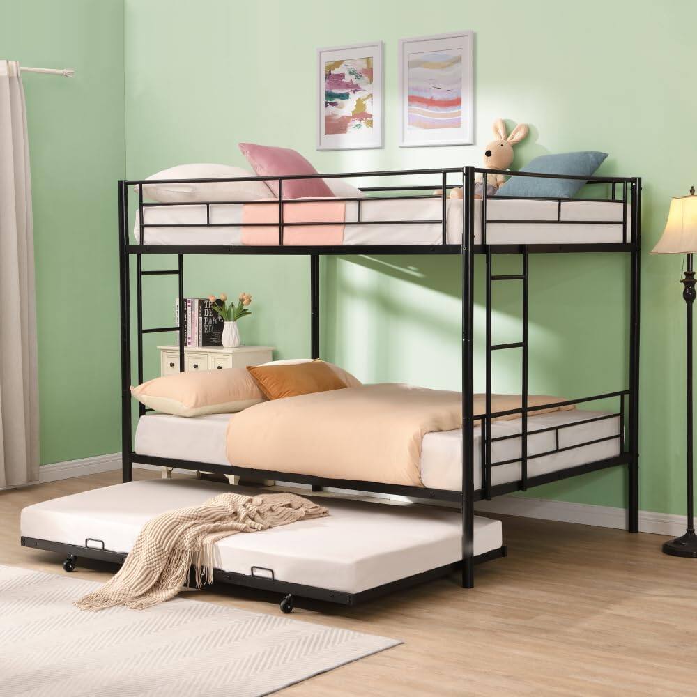 Front. Trinkets Crazed - Full Over Full with Trundle Metal Bunk Bed, No Box Spring Needed - black.