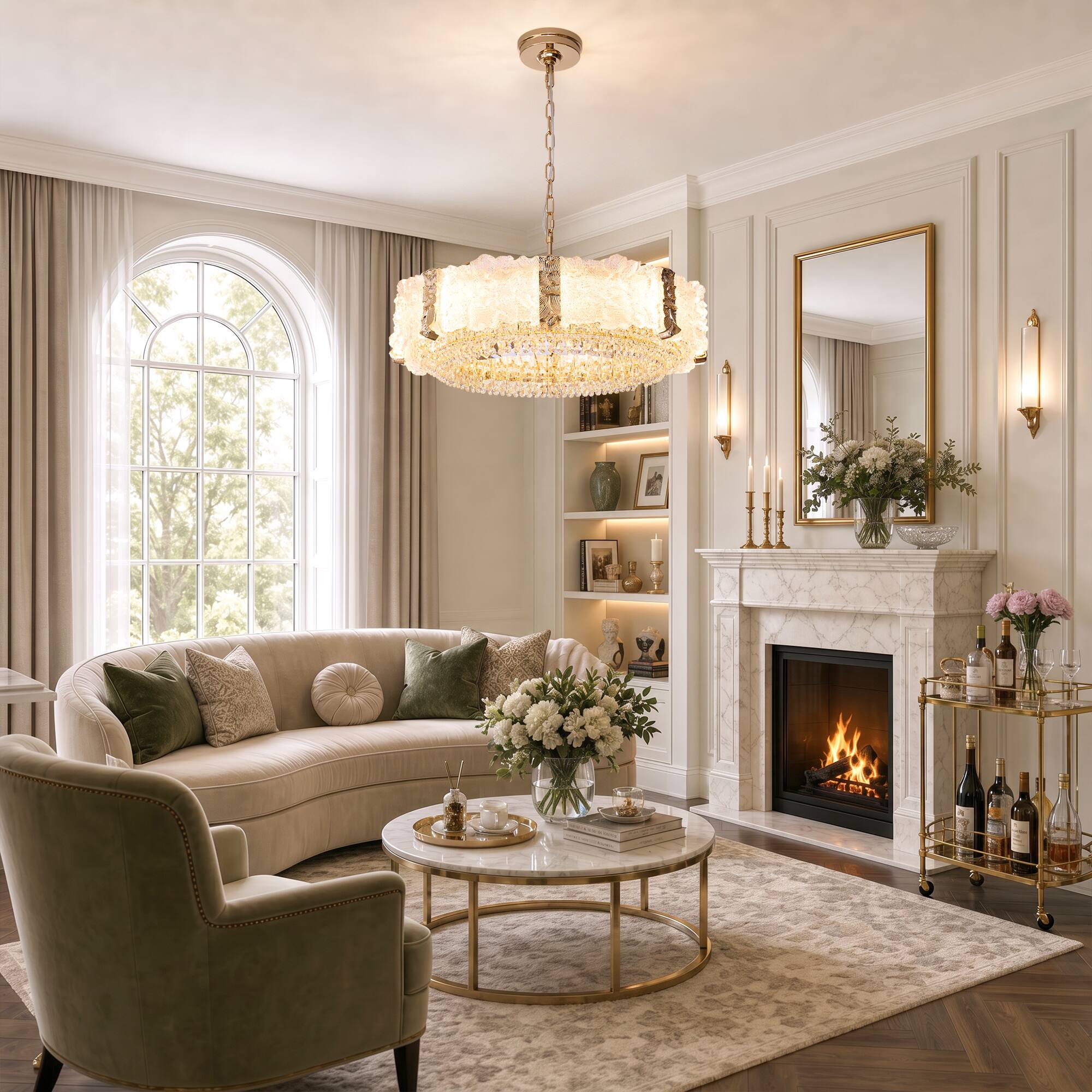 Back. Siljoy - 24 Inch Oval Luxury Gold Crystal Chandelier with Icy Texture Glass, Pendant Light for Dining Room, Living Room - Champagne Gold.