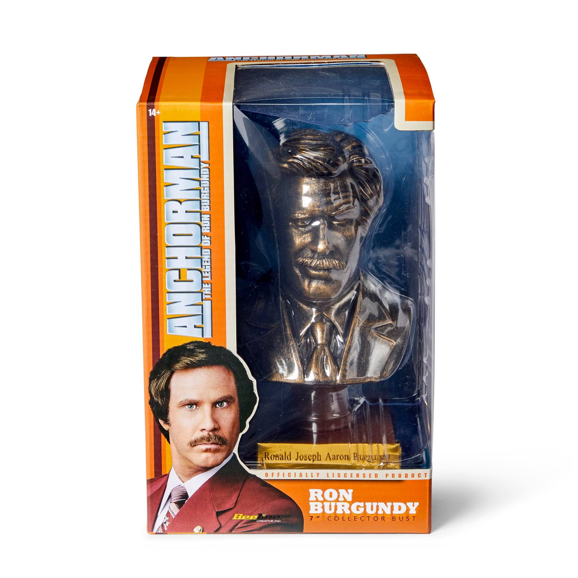 14+ A BURGUNDY ANCHORMAN RON OF LEGEND THE Ronald Joseph Aaron Buzzu p OIFICIALLY LISCENSED PRODUCT RON BURGUNDY en 7" 7 COLLECTOR BUST