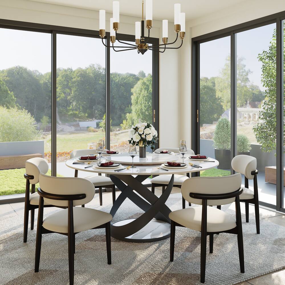 Angle. POVISON - 59" Modern Glossy Dining Table for 6 with Lazy Susan, White Round Sintered Stone Tabletop with Black X Carbon Steel Base - White Glossy Sintered Stone with Black.