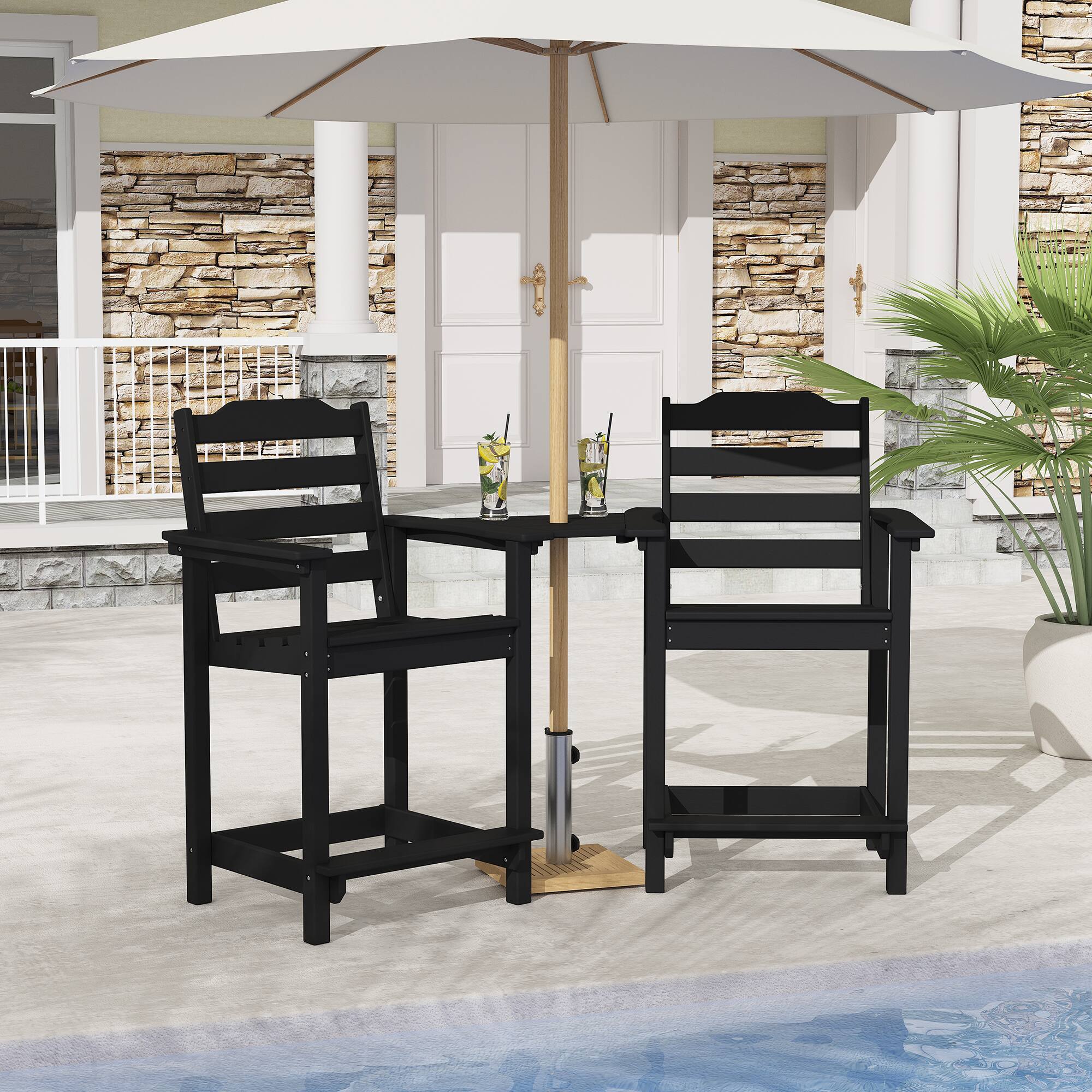 Left. Decksplore - 2-Pack HDPE Tall  Chairs with Connecting Tray & Patio Footrest All-Weather Outdoor Use - Black.