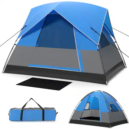 Front. Gymax - Gymax Camping Tent for 2-3 People Waterproof & Windproof Family Dome Tent w/ Rainfly Blue - Blue, Black.