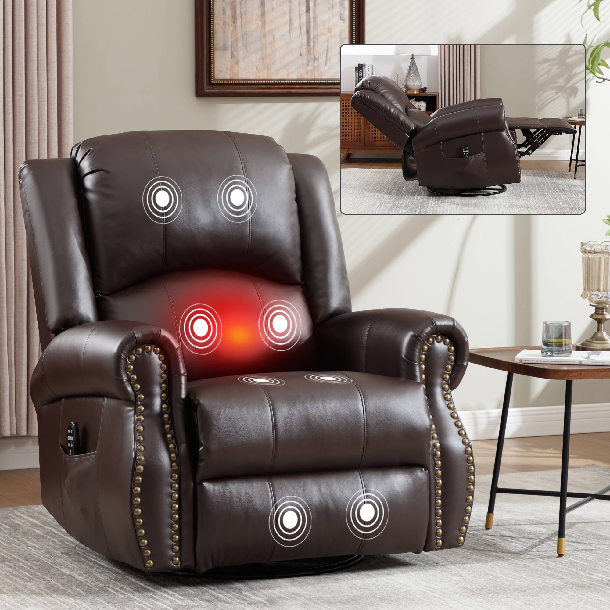 TinyHomie - Heat Massage Manual Recliner Chair with Rocker and Swivel in Fabric for Living Room - Brown