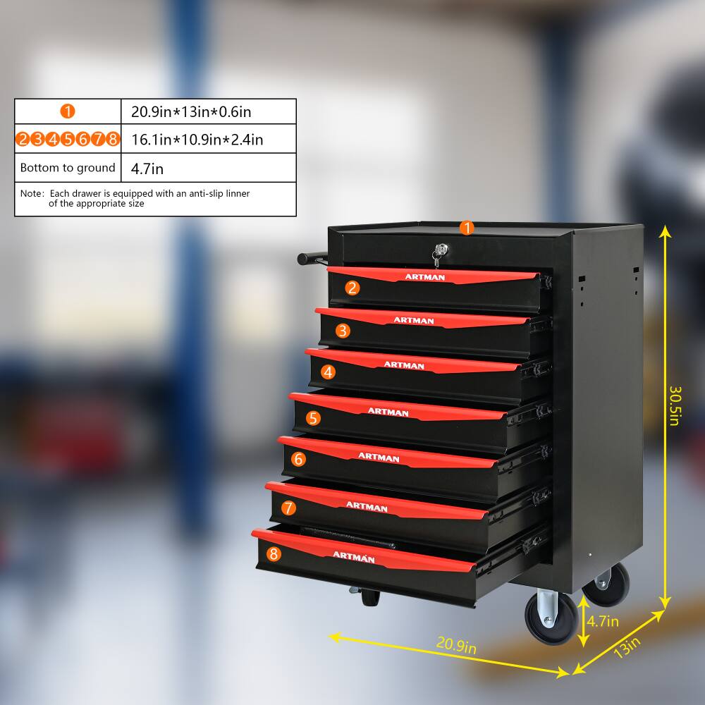 1. 20.9in*13in*0.6in  
2. 16.1in*10.9in*2.4in  
3. Bottom to ground: 4.7in  

Note: Each drawer is equipped with an anti-slip liner of the appropriate size  

1. ARTMAN  
2. ARTMAN  
3. ARTMAN  
4. ARTMAN  
5. ARTMAN  
6. ARTMAN  
7. ARTMAN  
8. ARTMAN  

30.5in  
20.9in  
13in  
4.7in