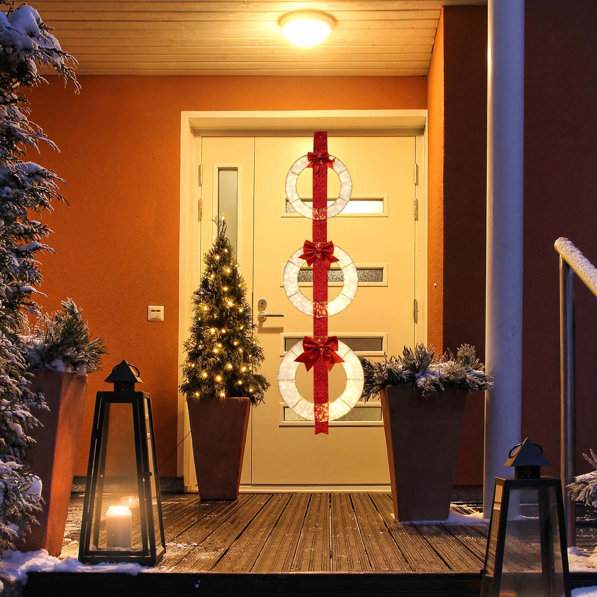 Alt View 7. Costway - Costway Set of 3 Pre-Lit Wreaths with 450 LED Lights Bows & Hanging Hook for Doors - Red.