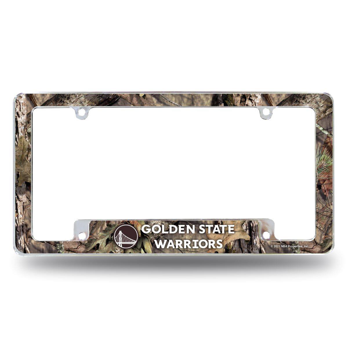 Golden State Warriors Chrome Metal License Plate Frame with Bold Mossy Oak Camouflaged Camo Design