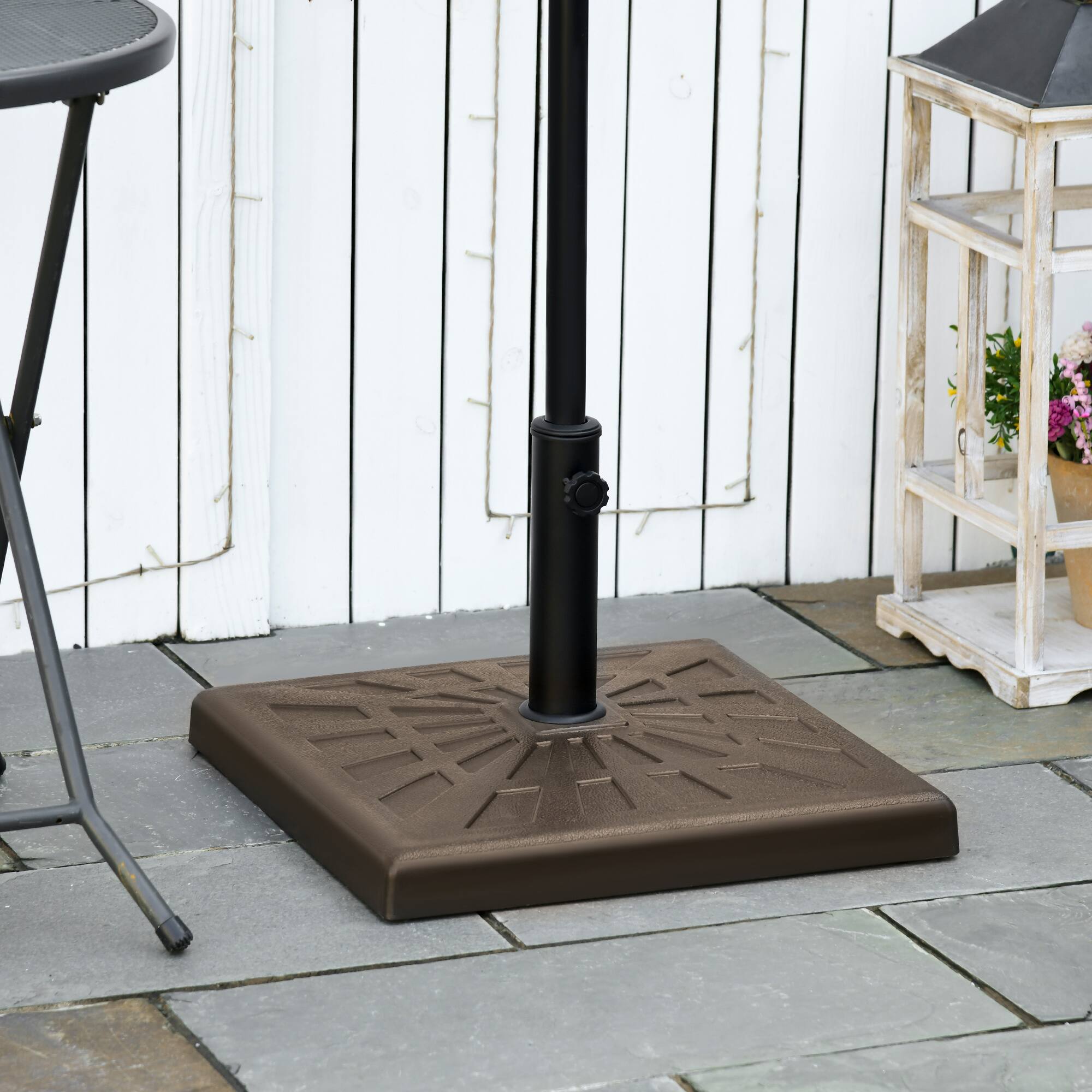 Angle. Outsunny - 42lbs Resin Patio Umbrella Base, 20" Square Outdoor Umbrella Stand Holder for Parasol Poles 1.26", 1.5", and 1.9" Dia - Brown.