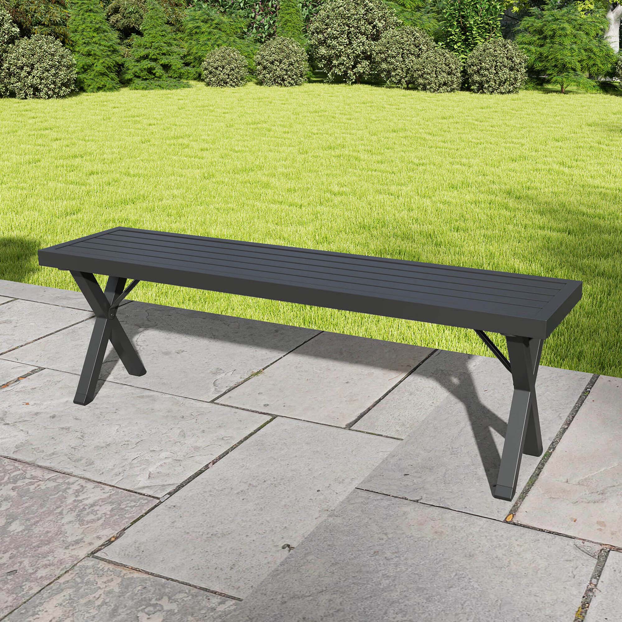 Alt View 3. Costway - Costway 1 PCS 54" Patio Metal Bench with Slatted Seat & X Legs Backless Loveseat for Yard - Black.
