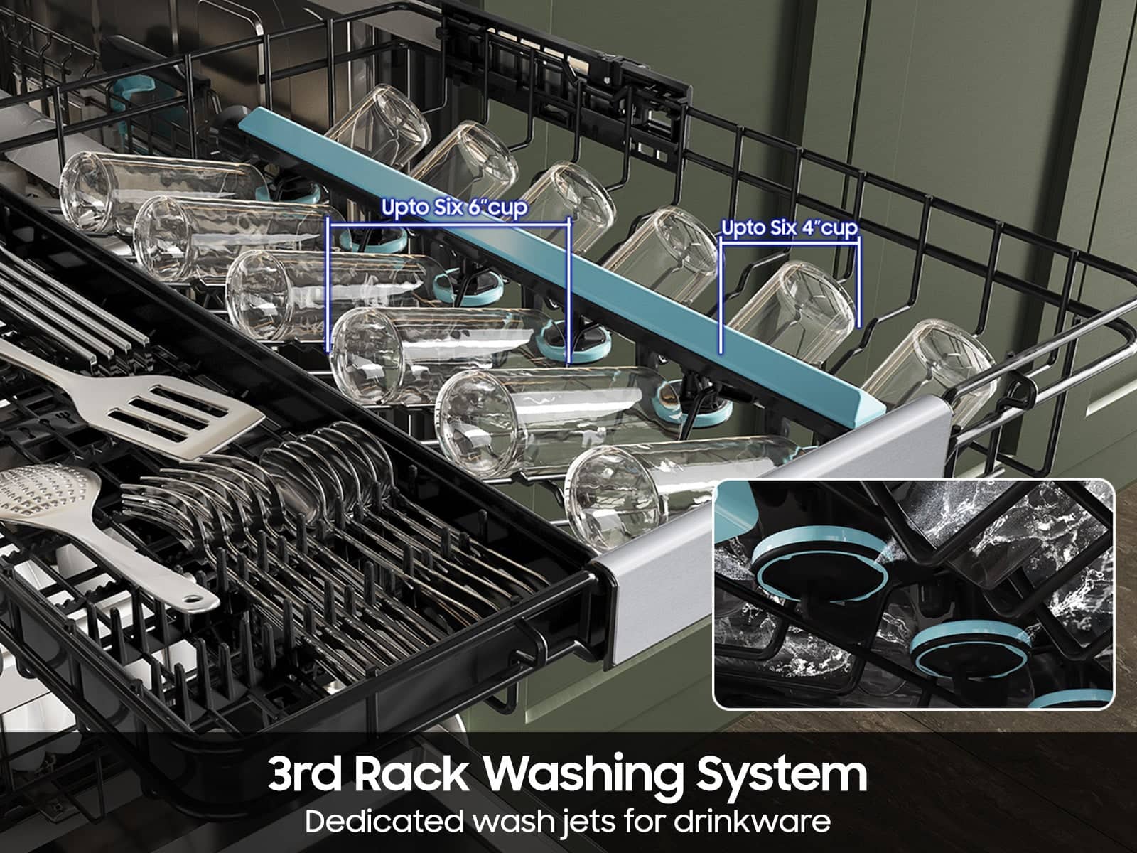 The text on the image reads: "Upto Six 6cup Upto Six 4"cup 3rd Rack Washing System Dedicated wash jets for drinkware."