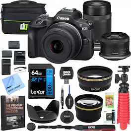 Bundle - Canon - EOS R100 Mirrorless Camera with 2 Lens Kit RF-S 18-45mm and 55-210mm with Double Battery & Accessories