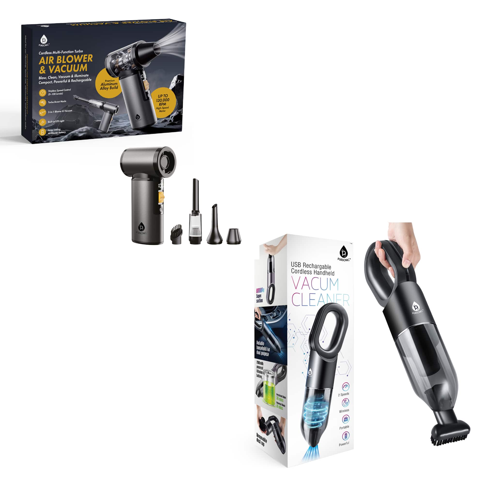 Pursonic - Ultimate Cleaning Bundle: 3-in-1 Turbo Air Duster & Cordless Handheld Vacuum